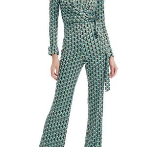 Diane Von Furstenberg NWT Blue and Black Patterned Jumpsuit.  Sz  L, Rtl $458.00